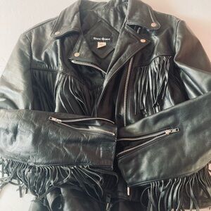 Steer Vintage Womens SZ L Black Leather Fringe Jacket Biker and Western themed